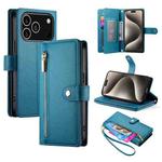 For iPhone 17 Pro Nine Card-slot Zipper Wallet Bag Leather Phone Case(Blue)