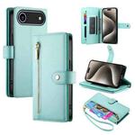 For iPhone 17 Air Nine Card-slot Zipper Wallet Bag Leather Phone Case(Mint Green)