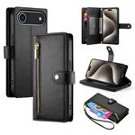 For iPhone 17 Air Nine Card-slot Zipper Wallet Bag Leather Phone Case(Black)