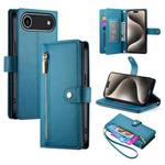 For iPhone 17 Air Nine Card-slot Zipper Wallet Bag Leather Phone Case(Blue)