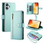 For iPhone 17 Nine Card-slot Zipper Wallet Bag Leather Phone Case(Mint Green)