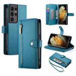 For Samsung Galaxy S21 Ultra 5G Nine Card-slot Zipper Wallet Bag Leather Phone Case(Blue)