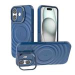 For iPhone 16 Lens Frame Bracket Corrugated MagSafe Phone Case(Dark Blue)