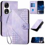 For Honor 90 YX0080 Grid Butterfly Embossed Pattern Flip Leather Phone Case with Lanyard(Light Purple)