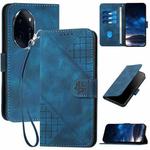 For Honor 100 Pro YX0080 Grid Butterfly Embossed Pattern Flip Leather Phone Case with Lanyard(Dark Blue)