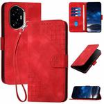 For Honor 300 Grid Butterfly Embossed Pattern Leather Phone Case with Lanyard(Red)