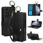For Samsung Galaxy Z Fold3 Solid Color Wristband Ring RFID Leather Phone Case with Lanyard(Carbon Fiber Black)