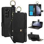 For Samsung Galaxy Z Fold4 Solid Color Wristband Ring RFID Leather Phone Case with Lanyard(Black)