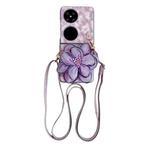 For Huawei P50 Pocket Colorful Woven Pattern 3D Yarn Flower Phone Case with Lanyard(Purple)