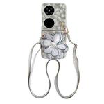 For Huawei P50 Pocket Colorful Woven Pattern 3D Yarn Flower Phone Case with Lanyard(White)