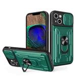 For iPhone 15 Sliding Camshield TPU+PC Phone Case with Card Slot(Dark Green)