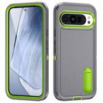 For Google Pixel 9 Pro Rugged PC + Silicone Phone Case with Holder(Grey+Fresh Green)