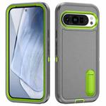 For Google Pixel 9 Rugged PC + Silicone Phone Case with Holder(Grey+Fresh Green)