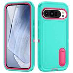 For Google Pixel 9 Rugged PC + Silicone Phone Case with Holder(Light Green+Rose Red)