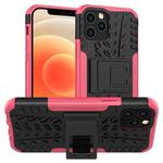 For iPhone 12 mini Tire Texture Shockproof TPU + PC Protective Case with Holder(Rose Red)