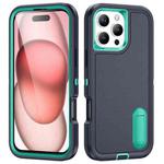 For iPhone 16 Pro Rugged PC + Silicone Phone Case with Holder(Dark Blue+Light Green)