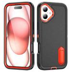 For iPhone 16 Rugged PC + Silicone Phone Case with Holder(Black+Orange)