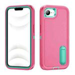 For iPhone 16e Rugged PC + Silicone Phone Case with Holder(Rose Red+Light Green)