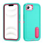 For iPhone 16e Rugged PC + Silicone Phone Case with Holder(Light Green+Rose Red)