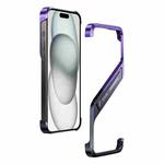 For iPhone 15 S-shaped Stand Frameless Metal Phone Case(Black Purple)