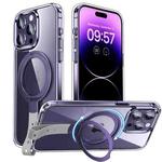 For iPhone 14 Pro Holder Hand Strap MagSafe Transparent Phone Case(Purple + Grey Strap)