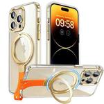 For iPhone 14 Pro Max Holder Hand Strap MagSafe Transparent Phone Case(Transparent Gold + Orange Strap)