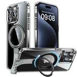 For iPhone 15 Pro Holder Hand Strap MagSafe Transparent Phone Case(Transparent Black + Grey Strap)