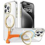 For iPhone 15 Pro Holder Hand Strap MagSafe Transparent Phone Case(Transparent Gold + Orange Strap)