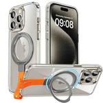 For iPhone 15 Pro Max Holder Hand Strap MagSafe Transparent Phone Case(Titanium Grey + Orange Strap)