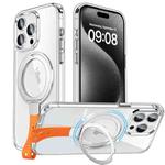 For iPhone 15 Pro Max Holder Hand Strap MagSafe Transparent Phone Case(Transparent Silver + Orange Strap)