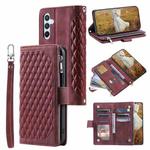 For Samsung Galaxy A17 5G Grid Texture Zipper Leather Phone Case with Lanyard(Wine Red)