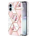 For iPhone 16 Plus Splicing Marble Flower IMD TPU Phone Case(Pink Flower)