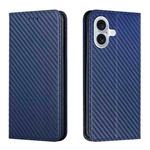 For iPhone 16 Plus Carbon Fiber Texture Magnetic Flip Leather Phone Case(Blue)