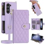 For Samsung Galaxy Z Fold6 Rhombic Zipper Card Wallet Leather Phone Case with Lanyard(Light Purple)