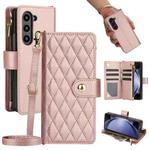 For Samsung Galaxy Z Fold5 Rhombic Zipper Card Wallet Leather Phone Case with Lanyard(Rose Gold)