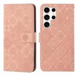 For Samsung Galaxy S25 Ultra 5G Ethnic Style Embossed Pattern Leather Phone Case(Pink)