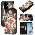For Honor 300 Colored Drawing Pattern Plain Weave Leather Phone Case(Roses On Black)