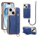 For iPhone 15 Plus VIETAO Card Slot Wristband Phone Case with Lanyard(Blue)