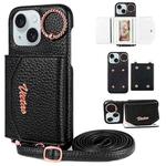 For iPhone 15 VIETAO Ring Holder Card Bag Phone Case with Lanyard(Black)