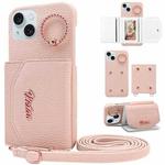 For iPhone 14 VIETAO Ring Holder Card Bag Phone Case with Lanyard(Pink)