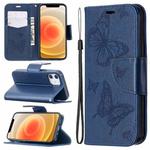 For iPhone 12 mini Embossing Two Butterflies Pattern Horizontal Flip PU Leather Case with Holder & Card Slot & Wallet & Lanyard(Blue)