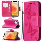 For iPhone 12 mini Embossing Two Butterflies Pattern Horizontal Flip PU Leather Case with Holder & Card Slot & Wallet & Lanyard(Rose Red)