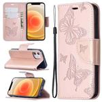 For iPhone 12 mini Embossing Two Butterflies Pattern Horizontal Flip PU Leather Case with Holder & Card Slot & Wallet & Lanyard(Rose Gold)