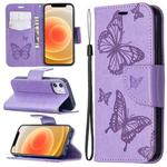 For iPhone 12 mini Embossing Two Butterflies Pattern Horizontal Flip PU Leather Case with Holder & Card Slot & Wallet & Lanyard(Purple)