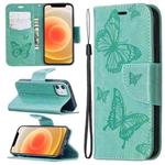 For iPhone 12 mini Embossing Two Butterflies Pattern Horizontal Flip PU Leather Case with Holder & Card Slot & Wallet & Lanyard(Green)