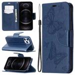 For iPhone 12 / 12 Pro Embossing Two Butterflies Pattern Horizontal Flip PU Leather Case with Holder & Card Slot & Wallet & Lanyard(Blue)