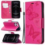 For iPhone 12 / 12 Pro Embossing Two Butterflies Pattern Horizontal Flip PU Leather Case with Holder & Card Slot & Wallet & Lanyard(Rose Red)