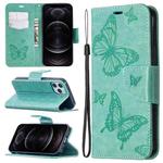 For iPhone 12 / 12 Pro Embossing Two Butterflies Pattern Horizontal Flip PU Leather Case with Holder & Card Slot & Wallet & Lanyard(Green)