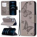 For iPhone 12 Pro Max Embossing Two Butterflies Pattern Horizontal Flip PU Leather Case with Holder & Card Slot & Wallet & Lanyard(Grey)
