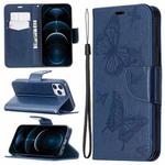 For iPhone 12 Pro Max Embossing Two Butterflies Pattern Horizontal Flip PU Leather Case with Holder & Card Slot & Wallet & Lanyard(Blue)